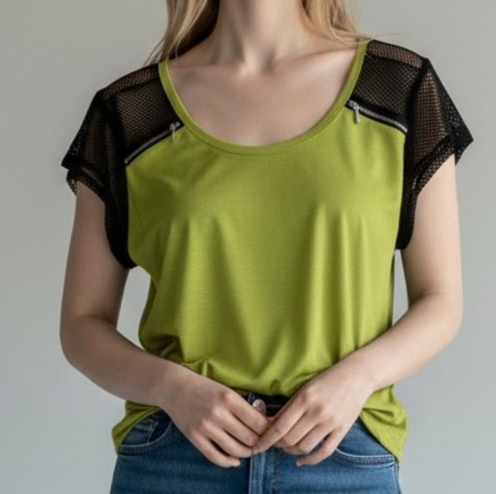 Light Green Mesh-Sleeve Womens Top